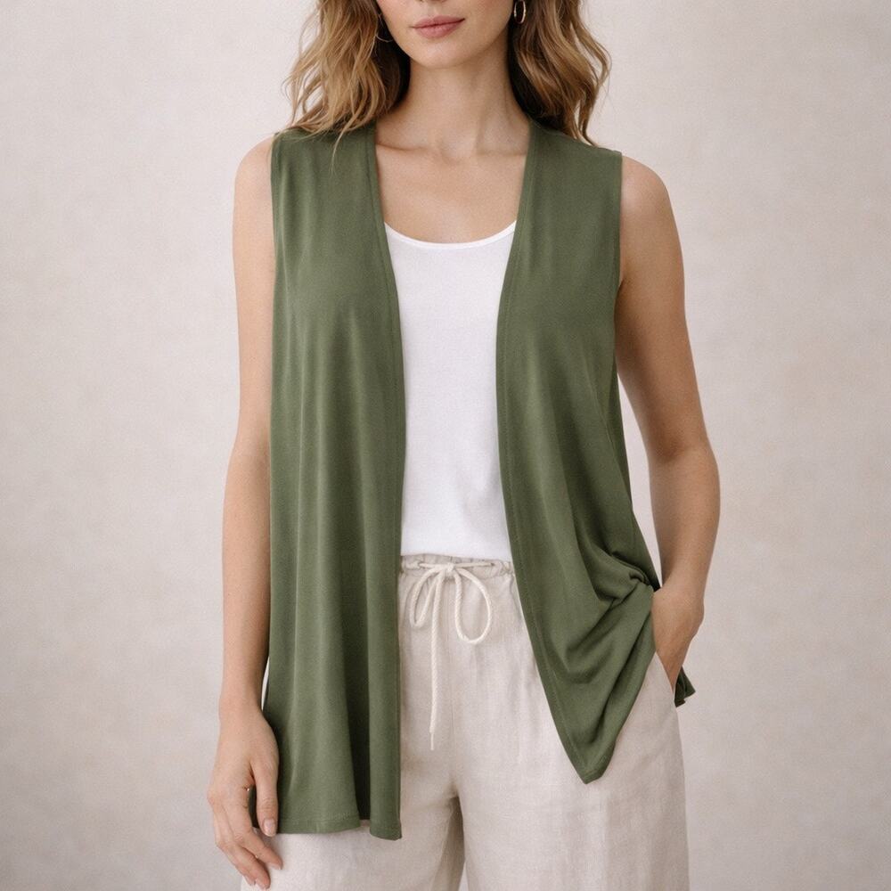 Chicos 2 Open Cardigan Vest sLarge Slinky Knit Olive Green Pockets Minimalist